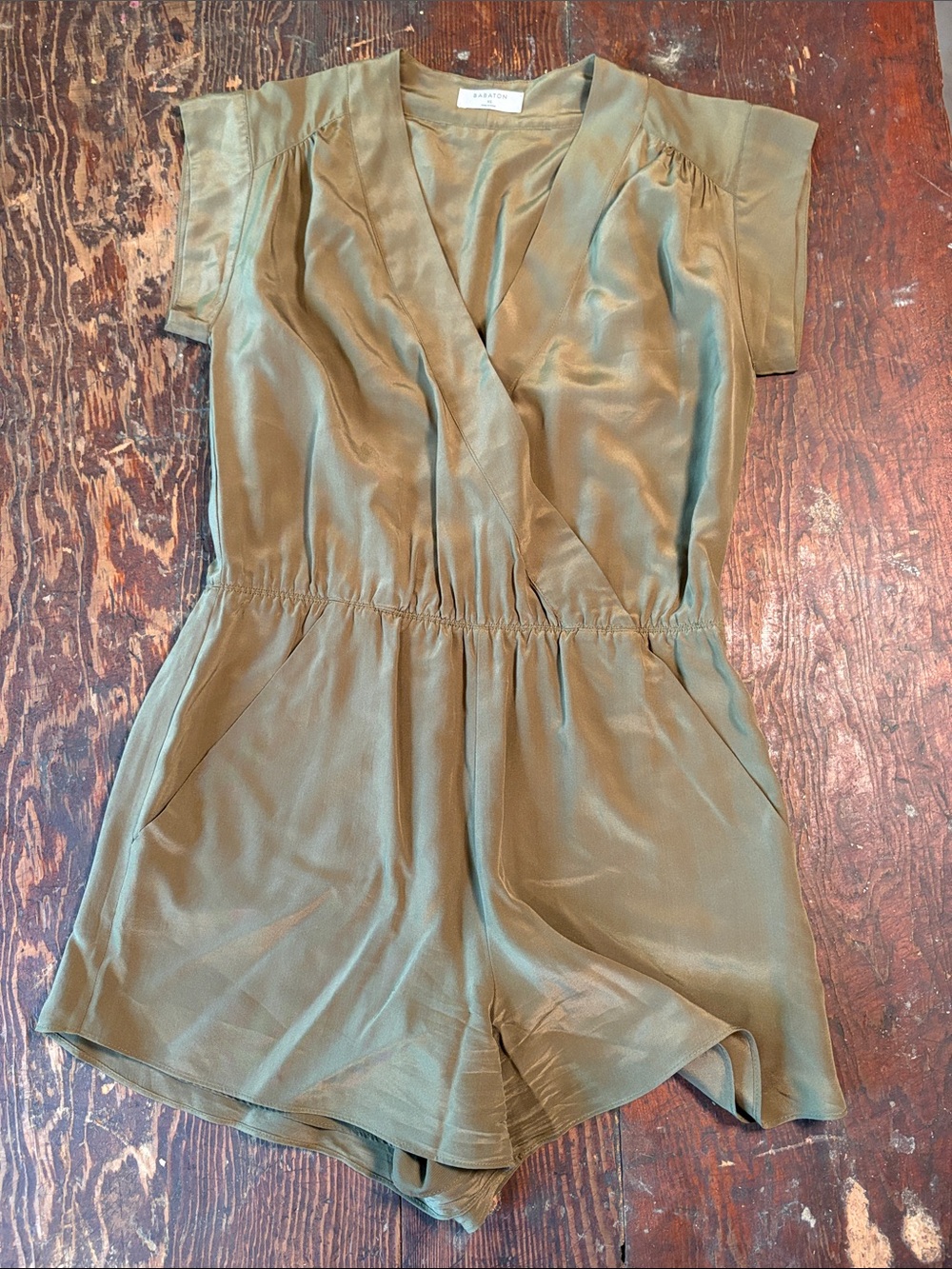 Babaton 100% Silk Olive Green Wrap Romper Cute and dainty Size XS